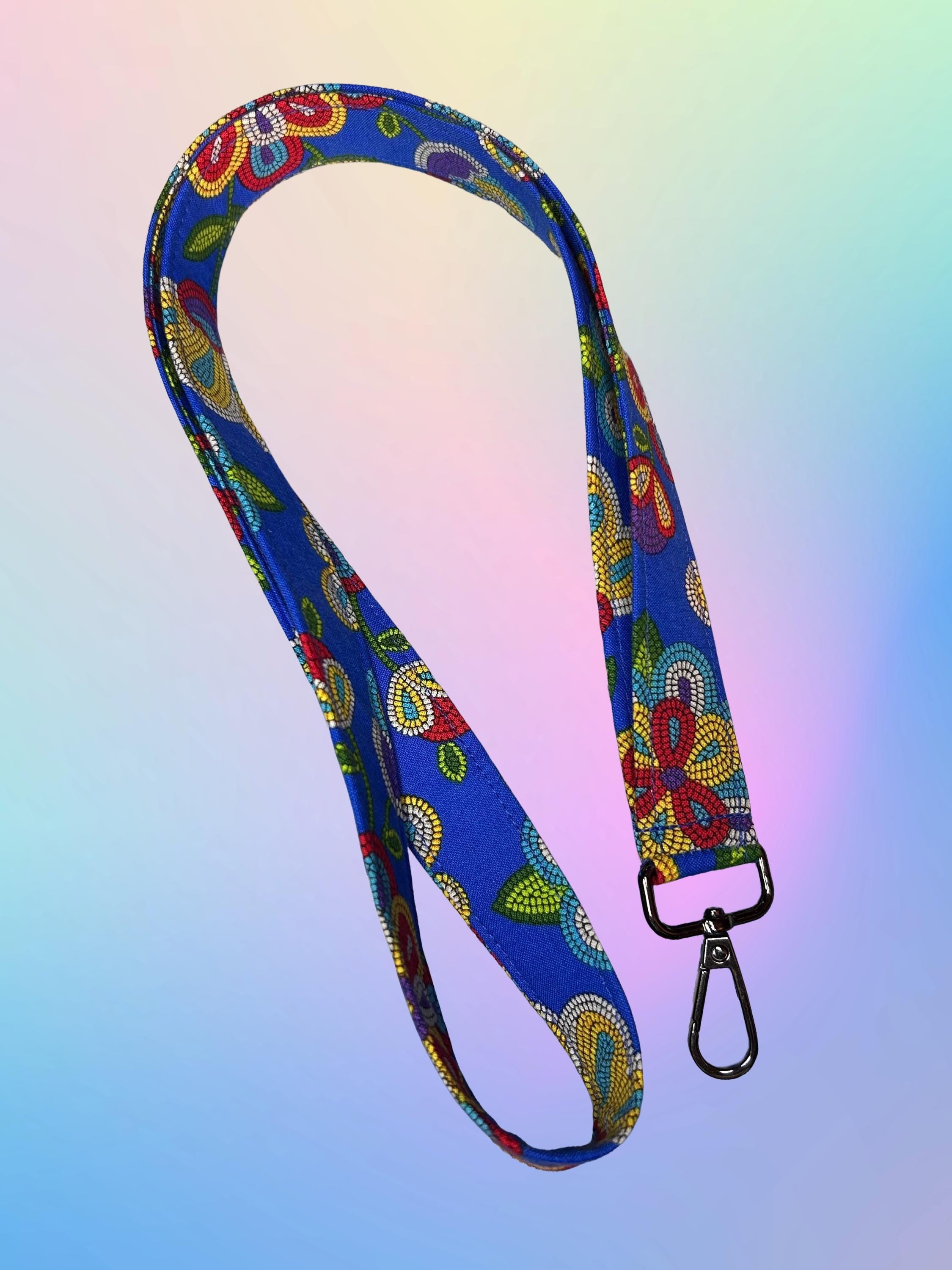Dark Blue Floral Lanyard | Handmade Keychain Badge Holder | Indigenous fabric