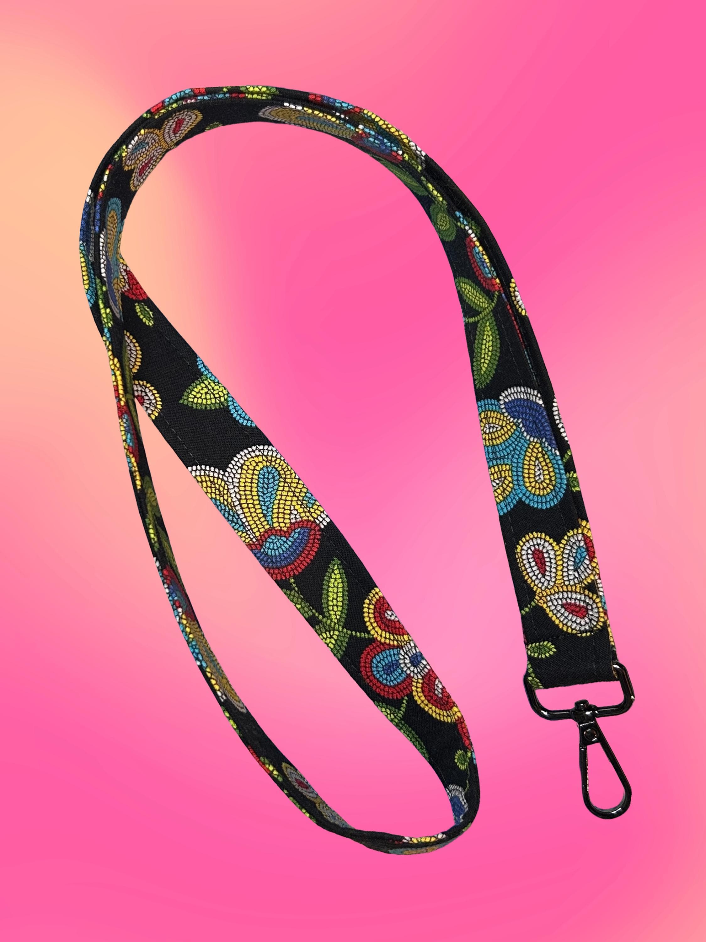 Black Beaded Strawberry Lanyard | Handmade Keychain Badge Holder | Indigenous fabric