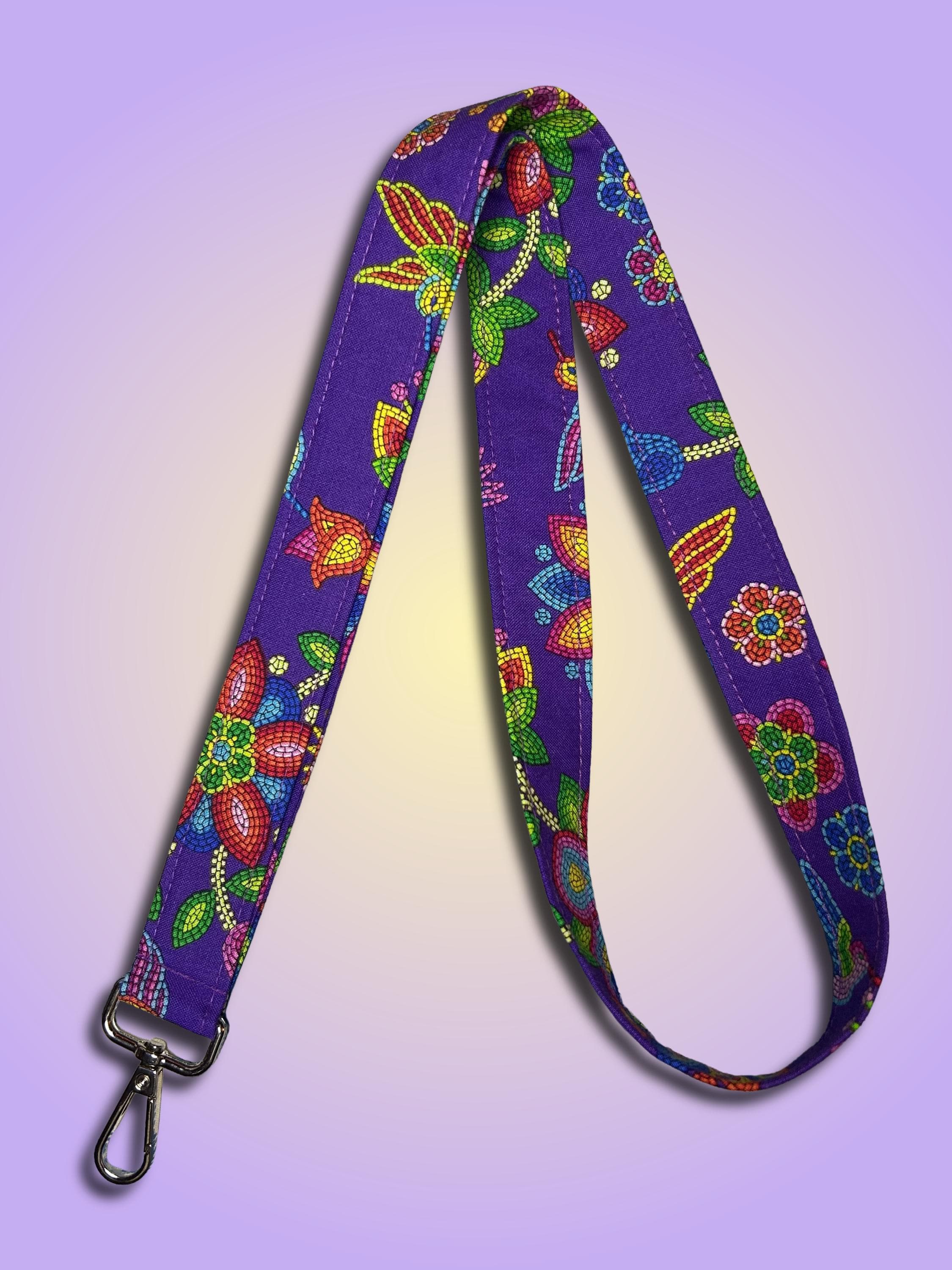 Purple Floral Beaded Hummingbird Lanyard | Handmade Keychain Badge Holder | Indigenous fabric