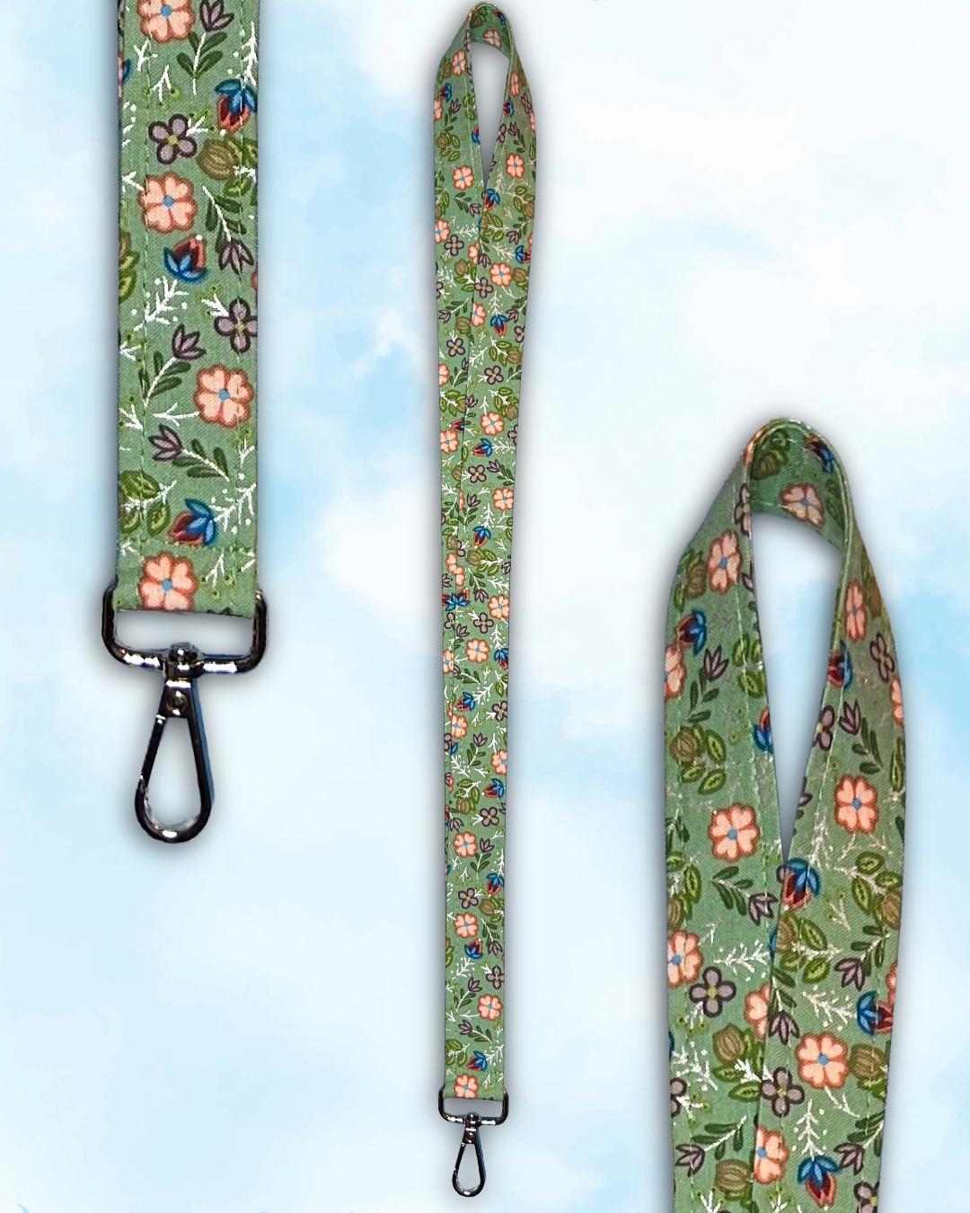 Floral Lanyard with Metallic Accents | Handmade Keychain Badge Holder | Indigenous fabric