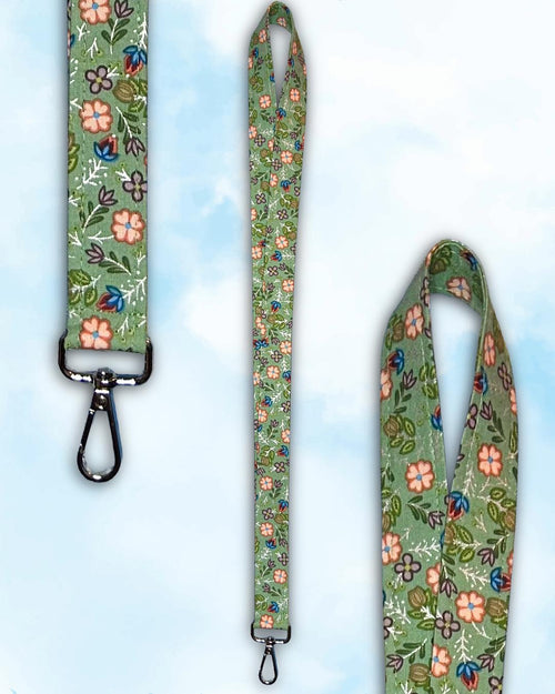 Floral Lanyard with Metallic Accents | Handmade Keychain Badge Holder | Indigenous fabric
