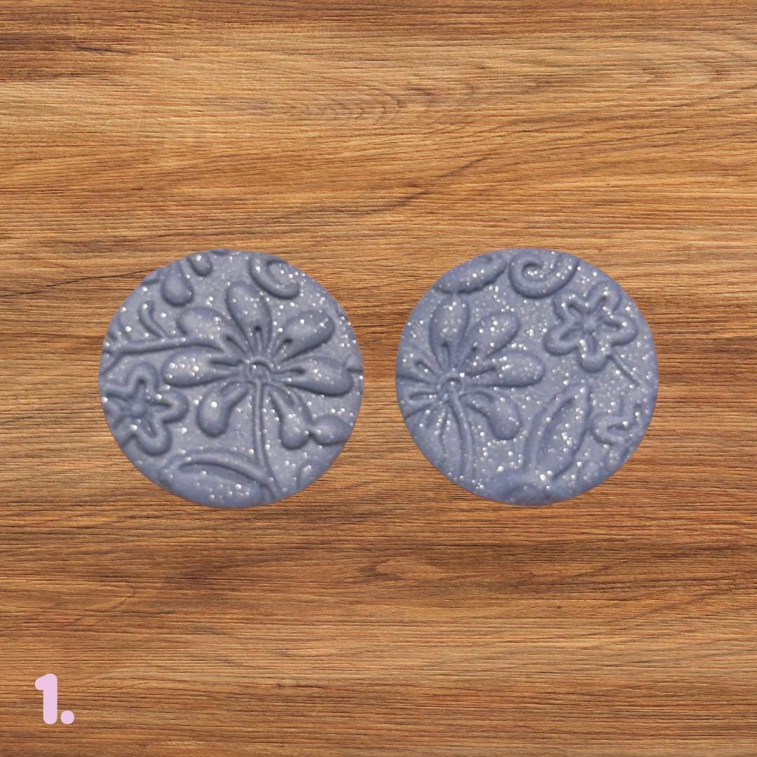 Polymer Clay Cabochons | Periwinkle Blue Glitter Floral Cabs | Textured Jewelry Making Supplies
