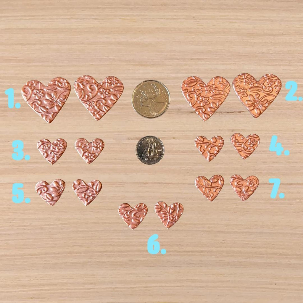 Polymer Clay Heart Cabochons | Rose Gold Floral Cabs | Textured Jewelry Making Supplies