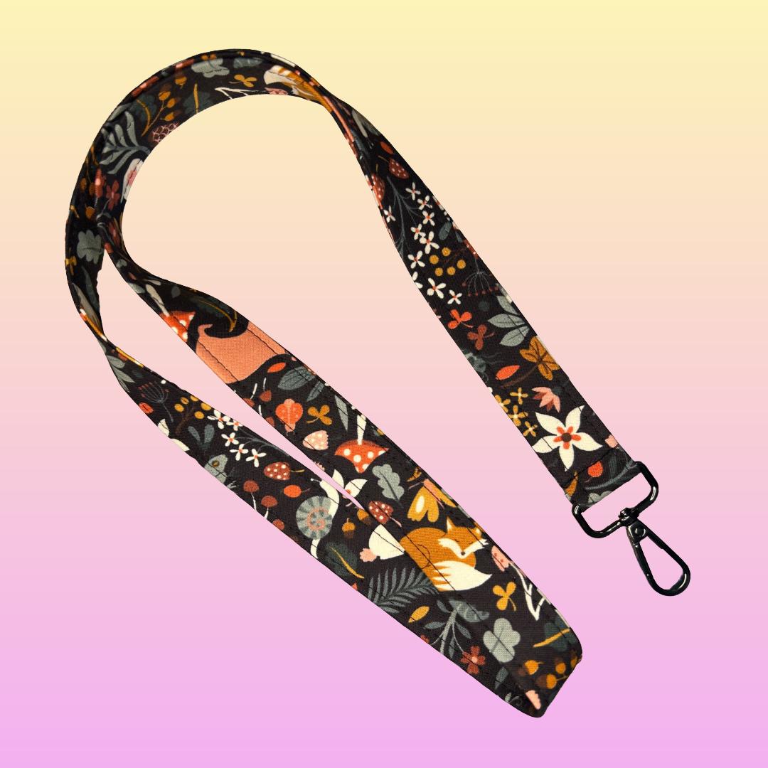 Cotton Lanyard | Cottagecore Woodland Animals Floral Print, Handmade Keychain Holder