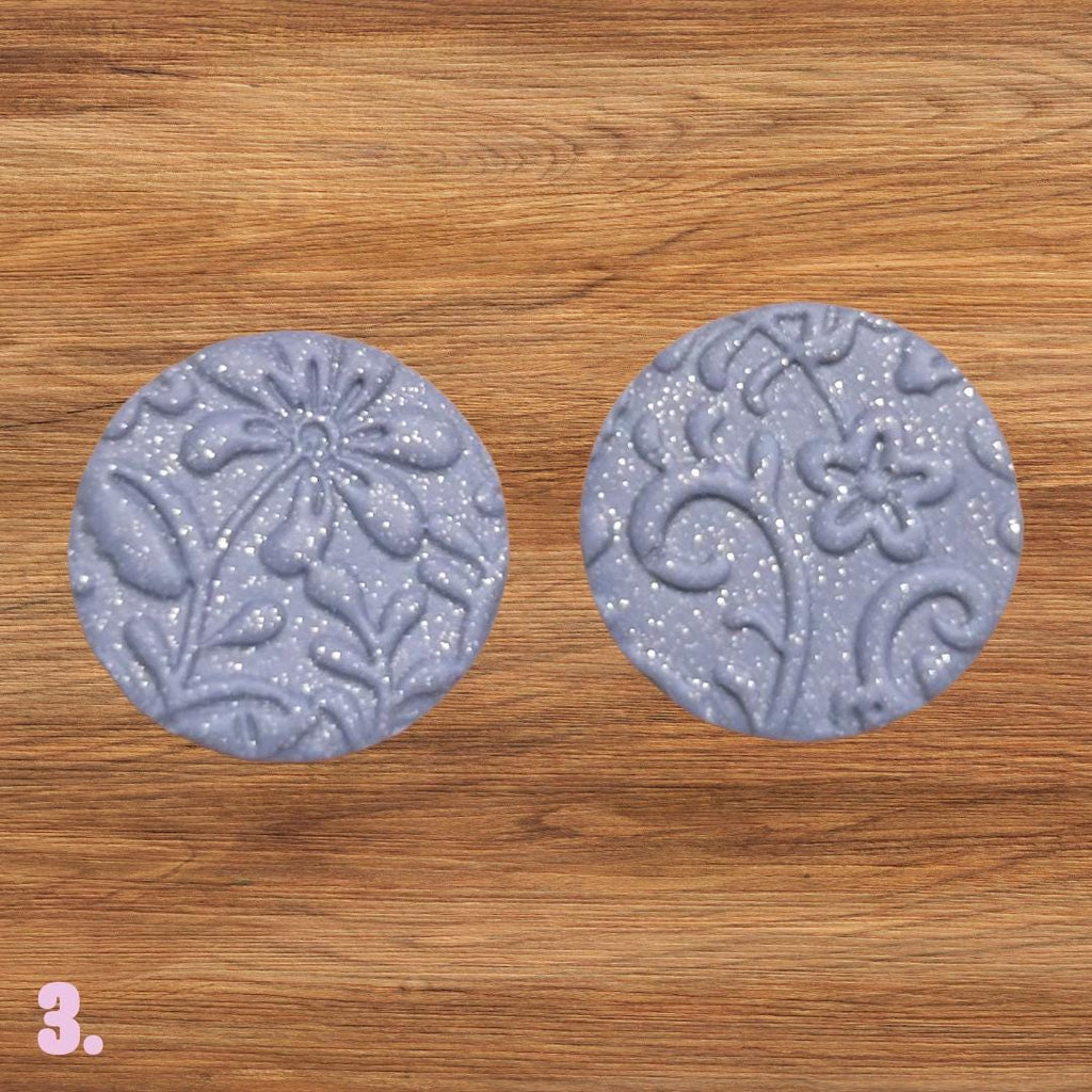 Polymer Clay Cabochons | Periwinkle Blue Glitter Floral Cabs | Textured Jewelry Making Supplies