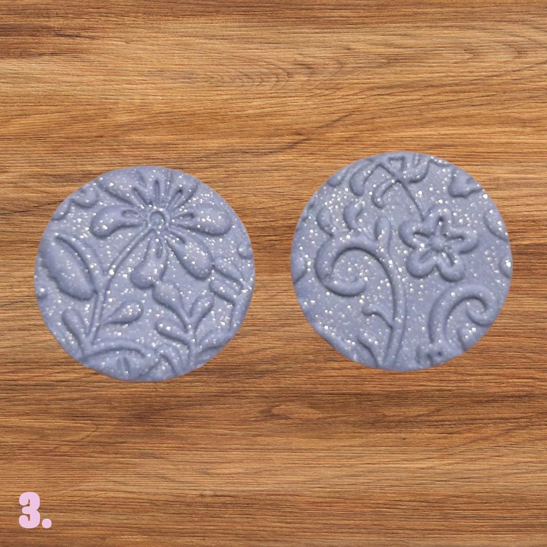 Polymer Clay Cabochons | Periwinkle Blue Glitter Floral Cabs | Textured Jewelry Making Supplies