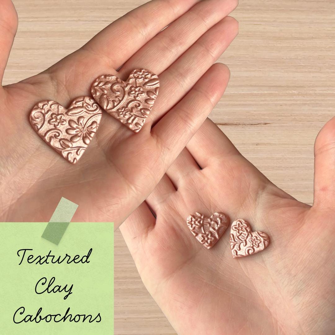 Polymer Clay Heart Cabochons | Rose Gold Floral Cabs | Textured Jewelry Making Supplies