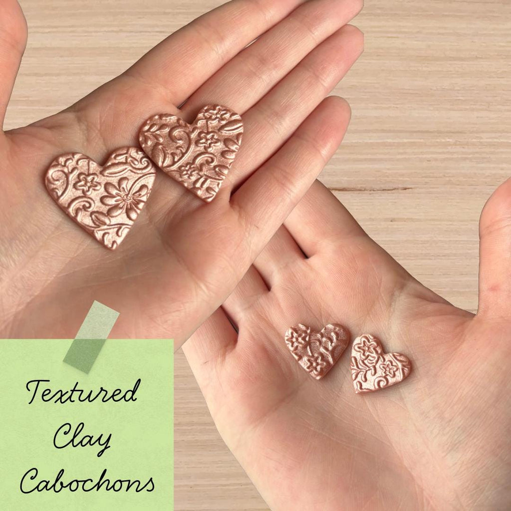 Polymer Clay Heart Cabochons | Rose Gold Floral Cabs | Textured Jewelry Making Supplies