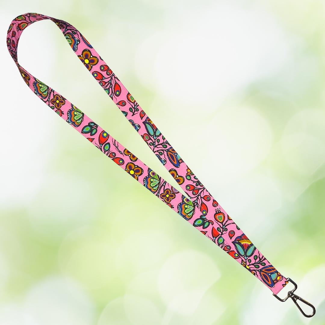 Ojibway Floral Lanyard | Handmade Keychain Badge Holder | Indigenous cotton fabric