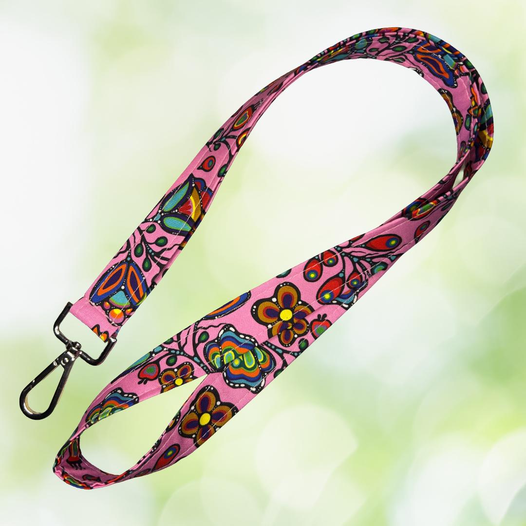 Ojibway Floral Lanyard | Handmade Keychain Badge Holder | Indigenous cotton fabric