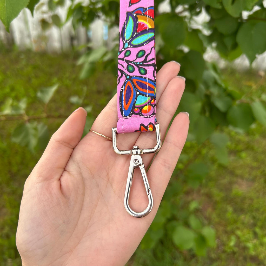 Ojibway Floral Lanyard | Handmade Keychain Badge Holder | Indigenous cotton fabric
