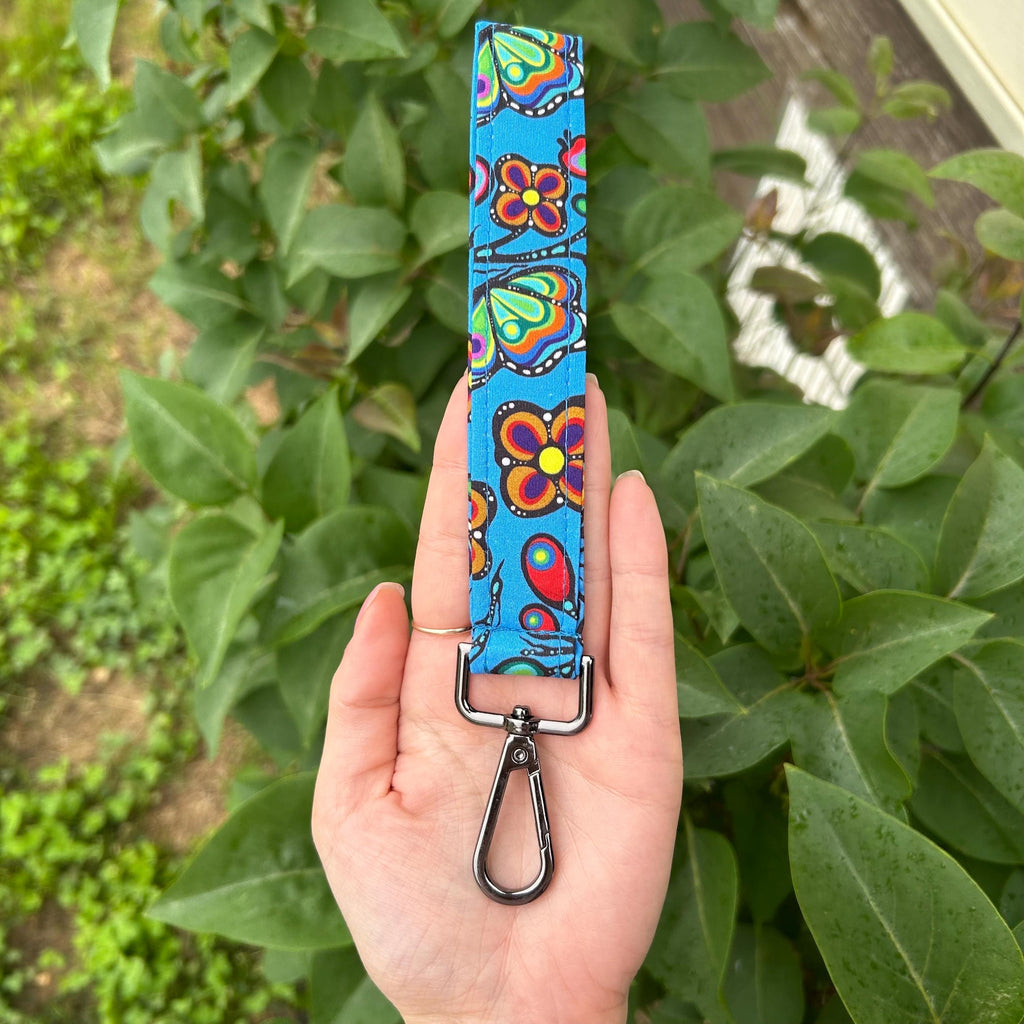 Ojibway Floral Wristlet | Handmade Keychain Badge Holder | Indigenous cotton fabric