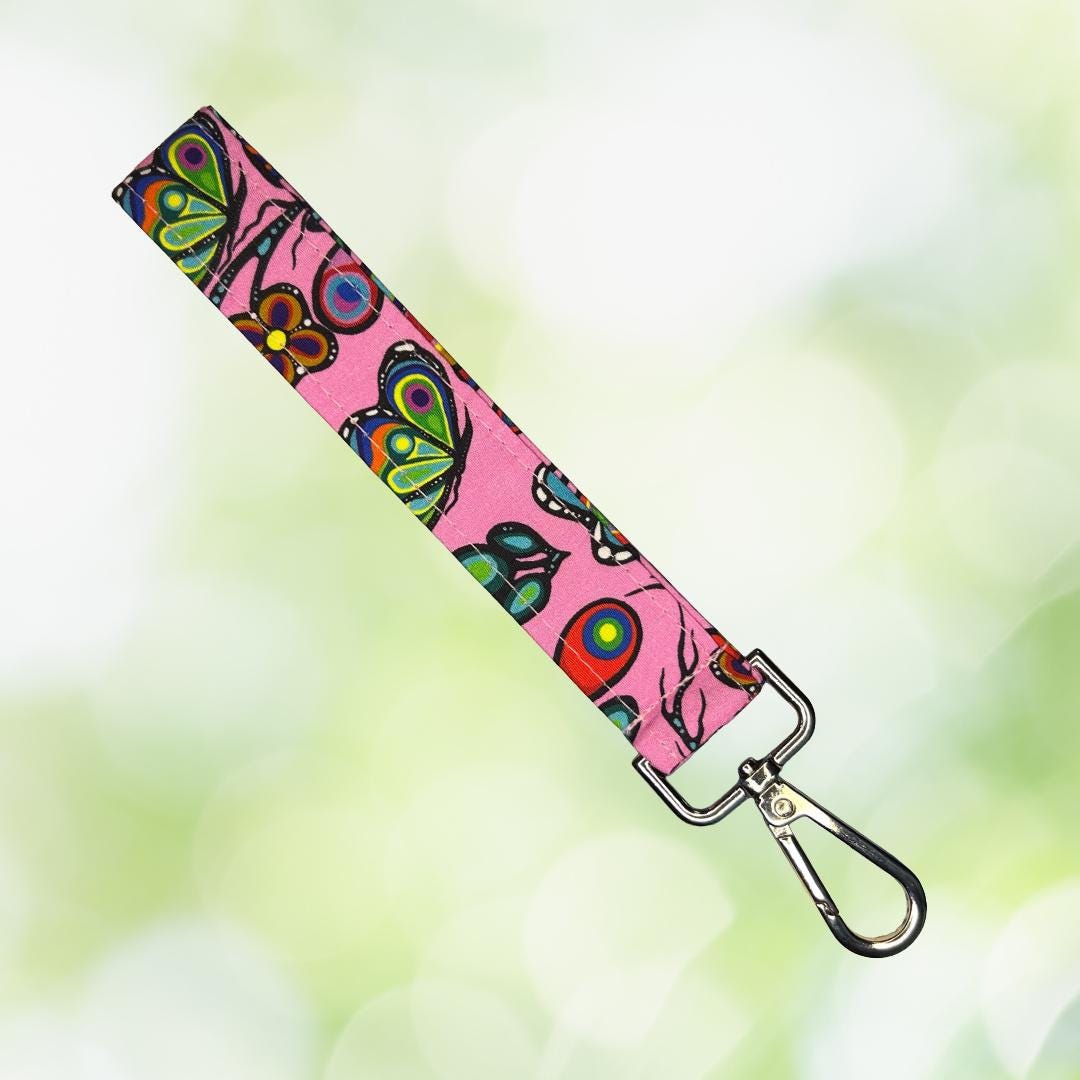 Ojibway Floral Wristlet | Handmade Keychain Badge Holder | Indigenous cotton fabric